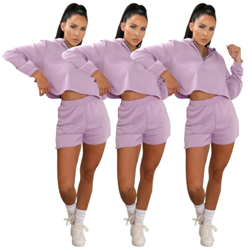 

Hot selling cotton two piece short set zipper hoodie 2 piece set women tracksuit, As picture or customize color