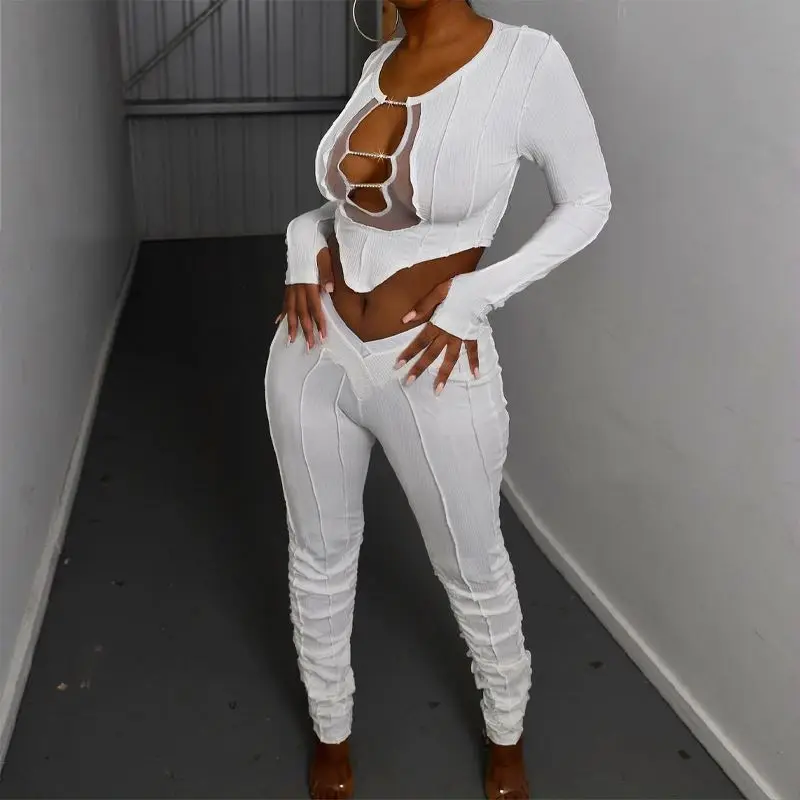 

2021 New Arrivals Clothes Two piece Fashion Fall Outfits Comfortable Hollow Out Lace Up 2 Piece Set Women Sexy Top And Pants, White/brown/black