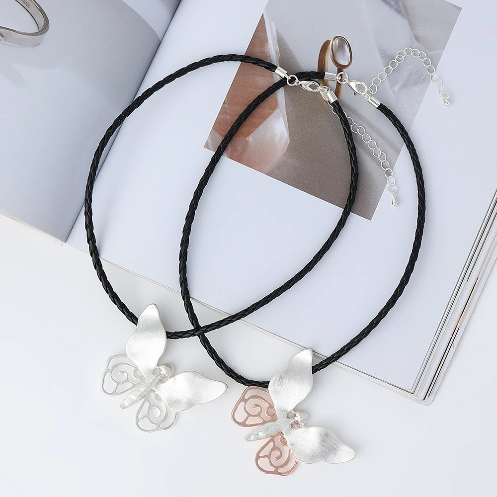 

New Shiny Silver Scratched Texture Butterfly Decoration Black Leather Neck Choker For Girl Party