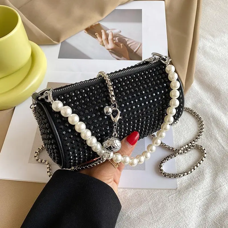

Custom Oem New Arrival Small Cylinder Ladies Underarm Bags Rhinestone Women Handbags With Pearl Handle