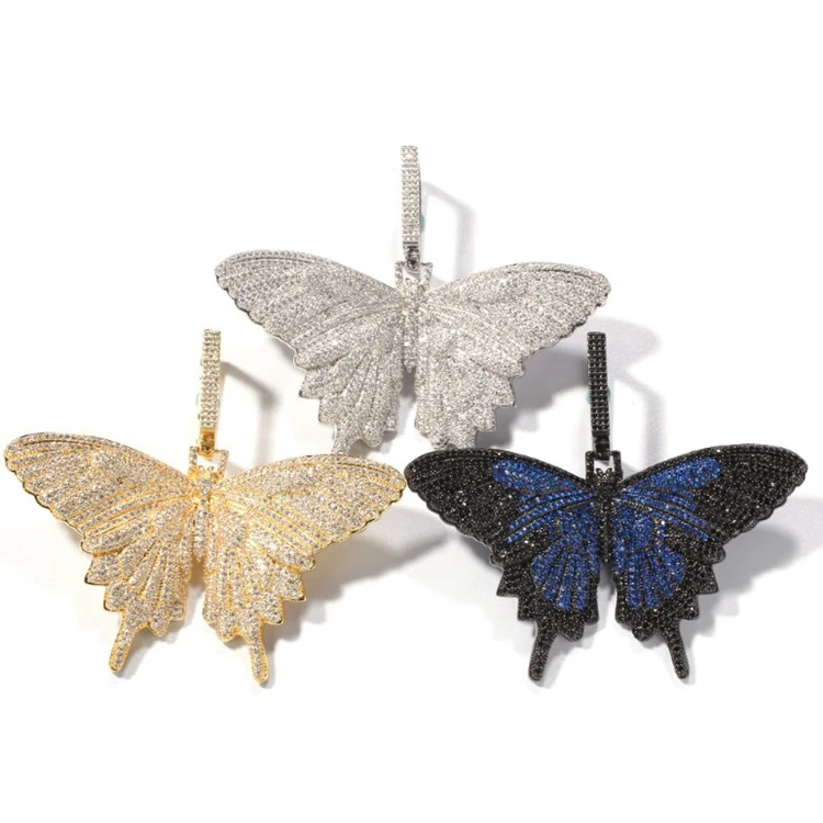 2019 Fashion Iced Out Cz Diamond Butterfly Necklace Pendant,Unisex Jewelry necklace pendant,3 Color Hip Hop pendant necklace