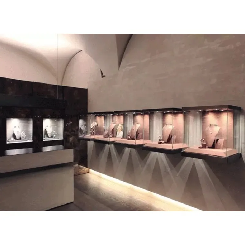 Wall mounted jewelry glass display cases for jewelry showroom