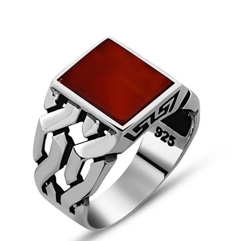 

Schmuck bijoux anillo bague Red glass stone male and female ring engraved with 925 words 2021 jewelry luxury ring, Picture shows