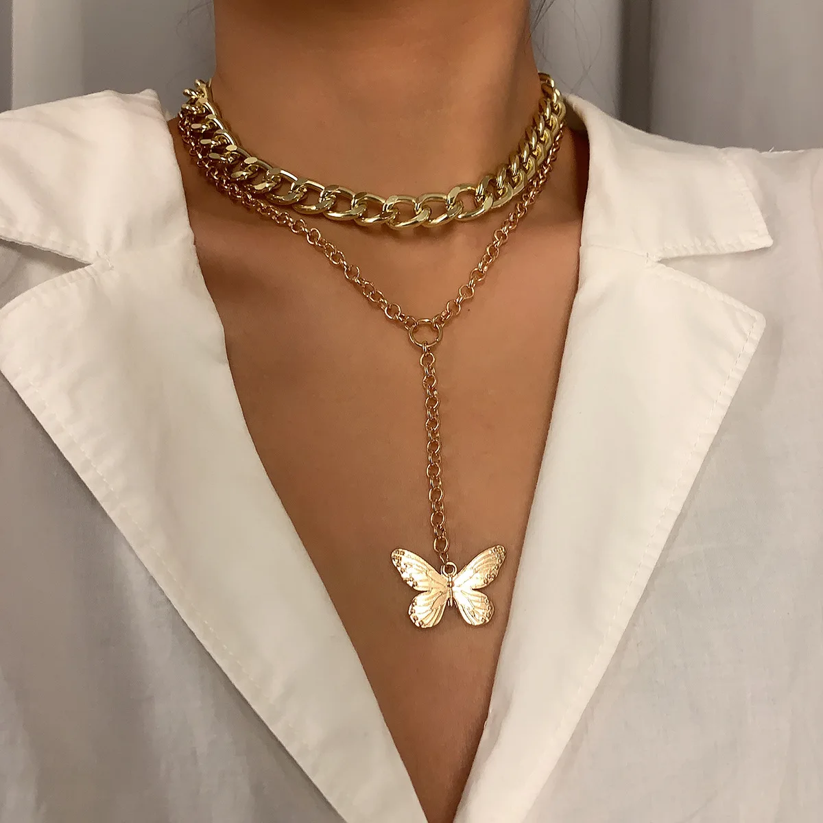 

Punk Gold Plated Miami Curb Link Chain Multilayer Necklace Double Layer Butterfly Pendant Necklace, Picture color