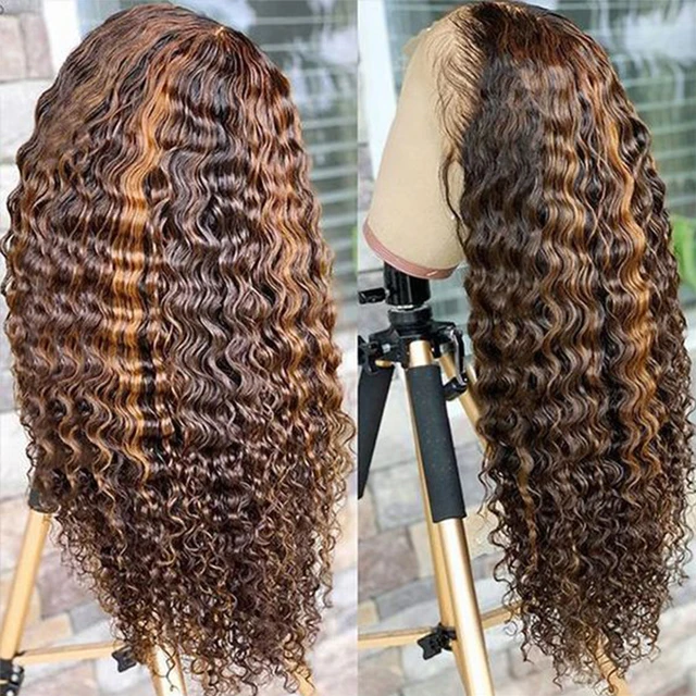 

Lemoda 30Inch 13x6 Brown Highlight Human Hair Wigs Brown Blonde Highlight Water Curly Wave HD Transparent Lace Front Wig, Natural color lace wig