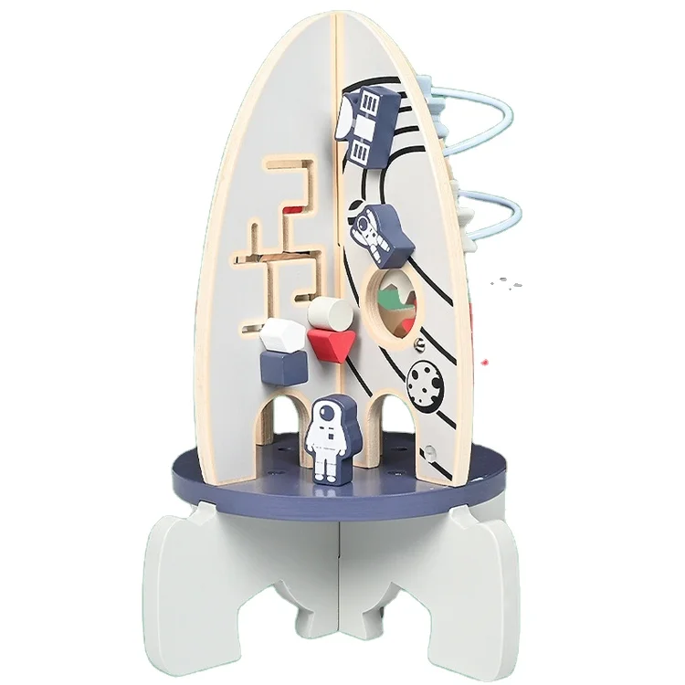 

Customize educational wooden play and learn activity play cube rock beads toys multi-activity rocket toy