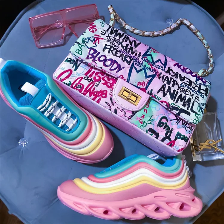 

2021 New Arrival Rainbow Girl Fashion Breathable Platform Sneakers Women Round Toe Tennis Sports Running Shoes Bags Sets, Mix