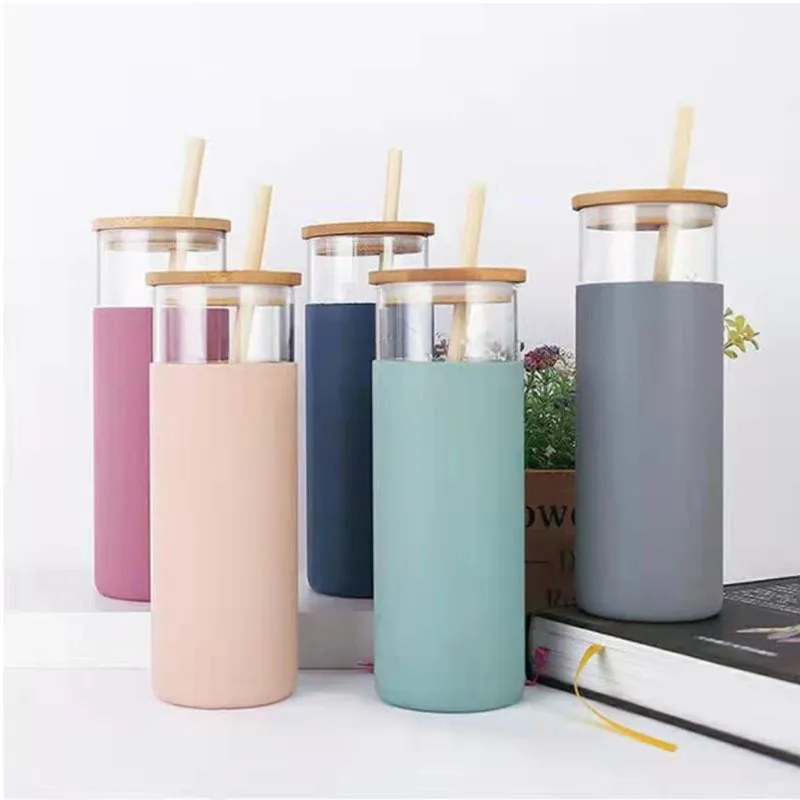 

Glass water bottle 500ml 17oz with sleeve and straw bamboo lid