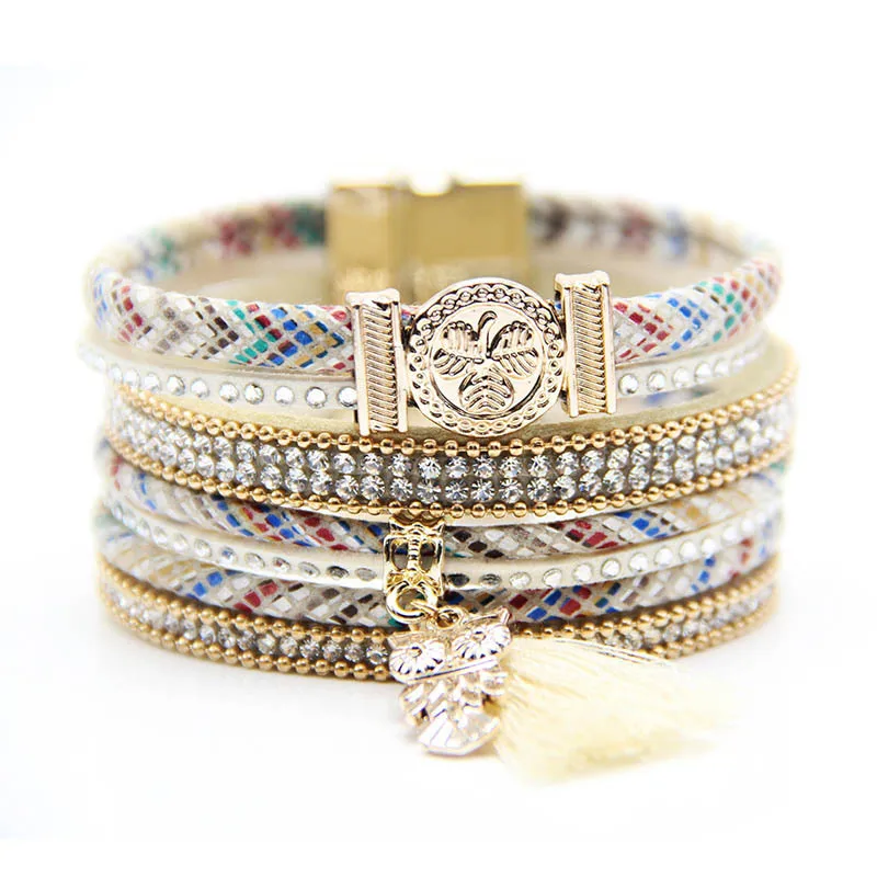 

2021 cross border new ethnic style multi layer Bracelet Pu alloy magnetic buckle tassel Bracelet owl lady Bracelet