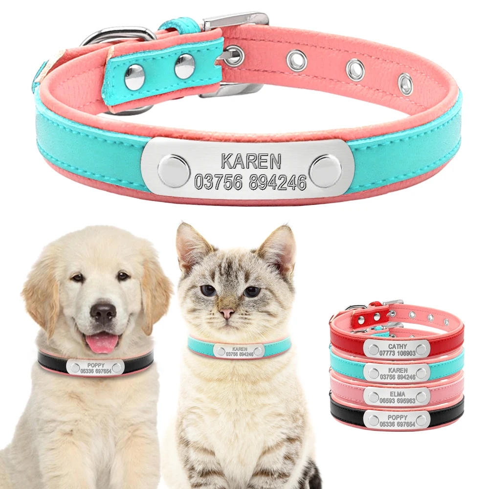 

Personalized Leather Dog Collars Adjustable Padded Customized Pet Name ID Collar Free Engraving For Small Medium Large Dogs Cats