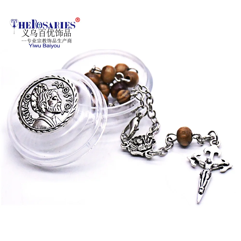 

Antique Silver Wood Rosary Santiago Cross Bracelet with Box Set Catholicism Gift Religious Prayer Beads Rosaries