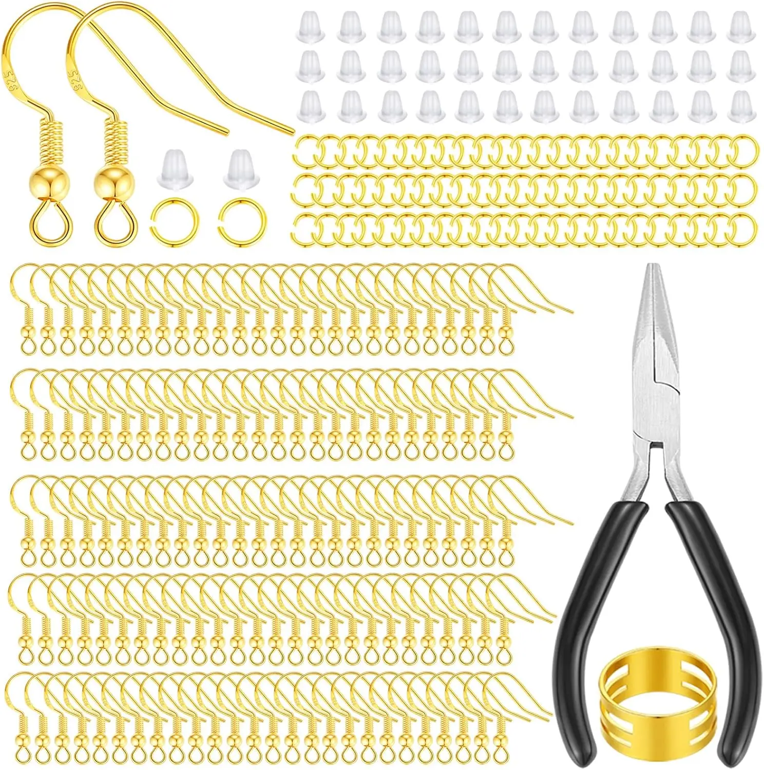 

Golden color for high quality 925 earring hook with stoppers for DIY jewelry making accessories kit with pliers