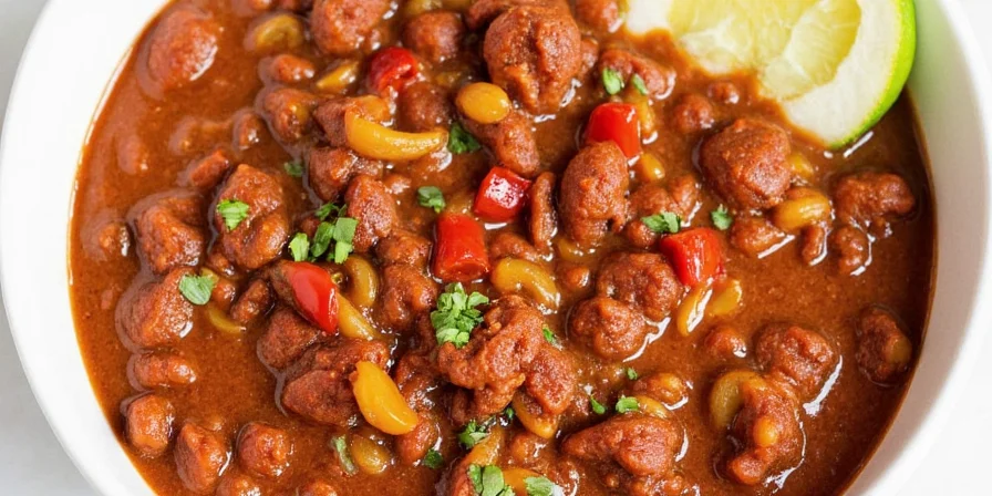 Final chili served in a bowl with toppings