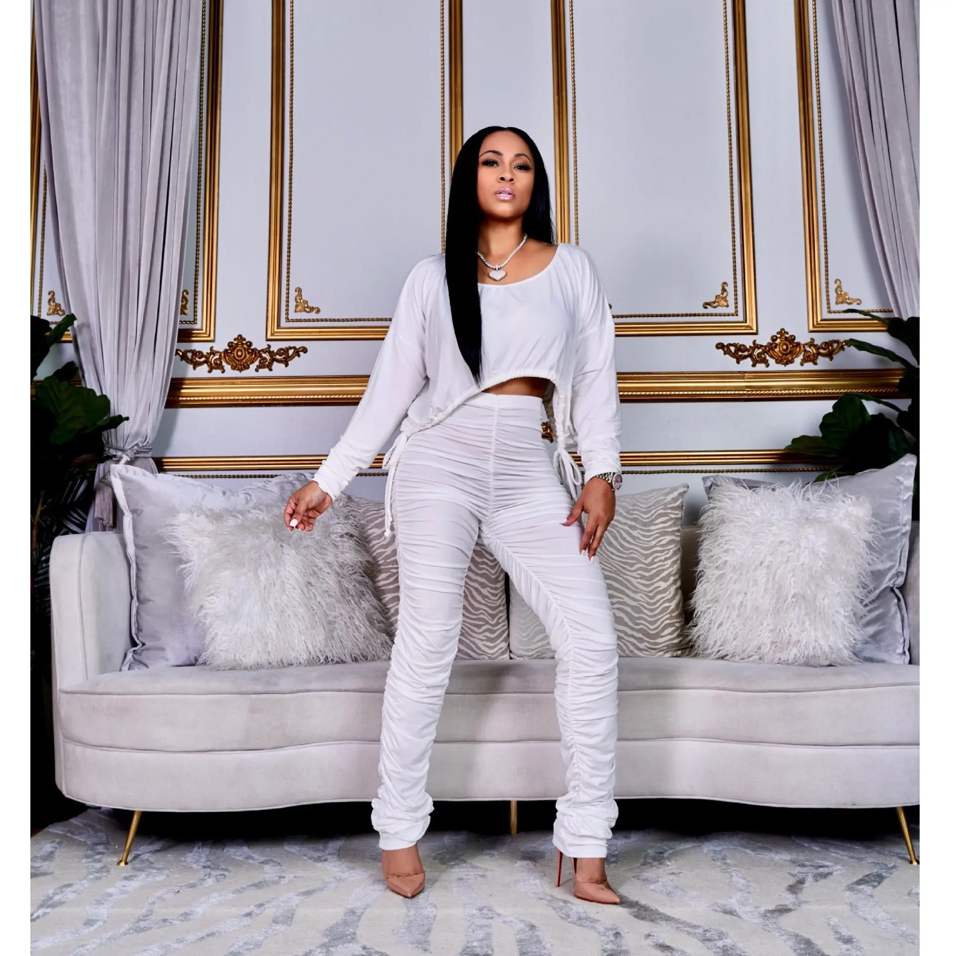 

Crew Neck Long Sleeve Drawstring Ruched 2 Piece Sets Women Pullover Tracksuit Set