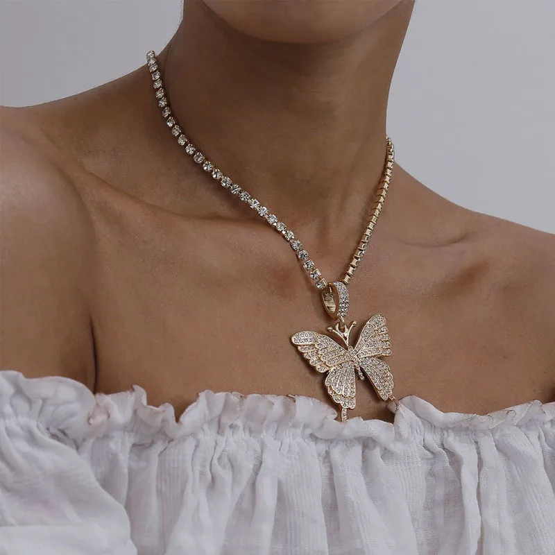 

Fashion Hip hop Butterfly Charm Ice Out Tennis Chain Pendant Diamond Necklace Jewelry, As pic
