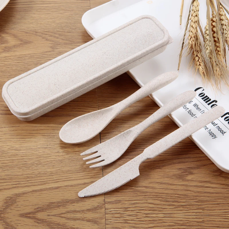 

3pcs Portable Biodegradable Reusable Spoon Fork Eco Friendly Wheat Straws Cutlery Set with Box, Pink/green/blue/beige