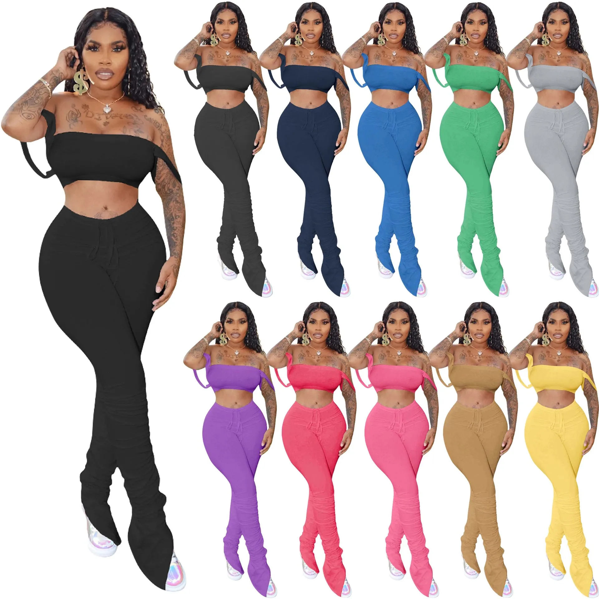 

Custom Logo Print Wholesale Summer Home Clothes Two Piece Set Tops Stacked Leggings 2 Piece Set For Women, Black,black