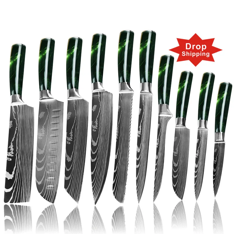 

10 pcs new style carbon steel green color handle kitchen chef santoku sciling bread cleaver butcher utility paring knife set