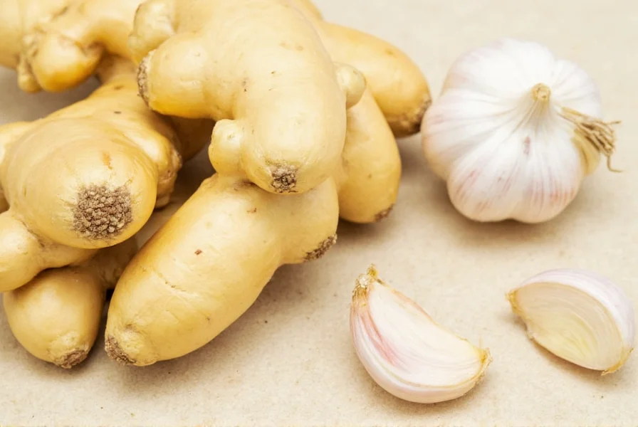 Close-up of fresh ginger root and garlic cloves on wooden cutting board showing their natural textures and colors