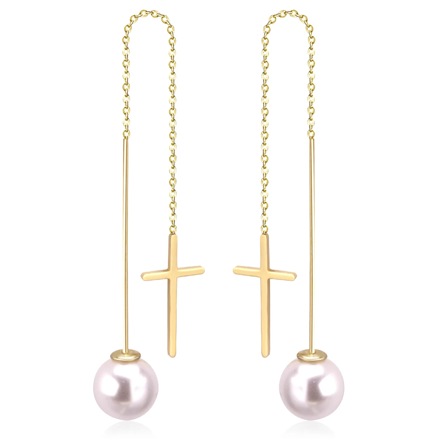 

Indian Jewellery New Designs Stainless Steel Earrings Pearl With Cross Drop Earring Ear Line for Women, Gold/silver available