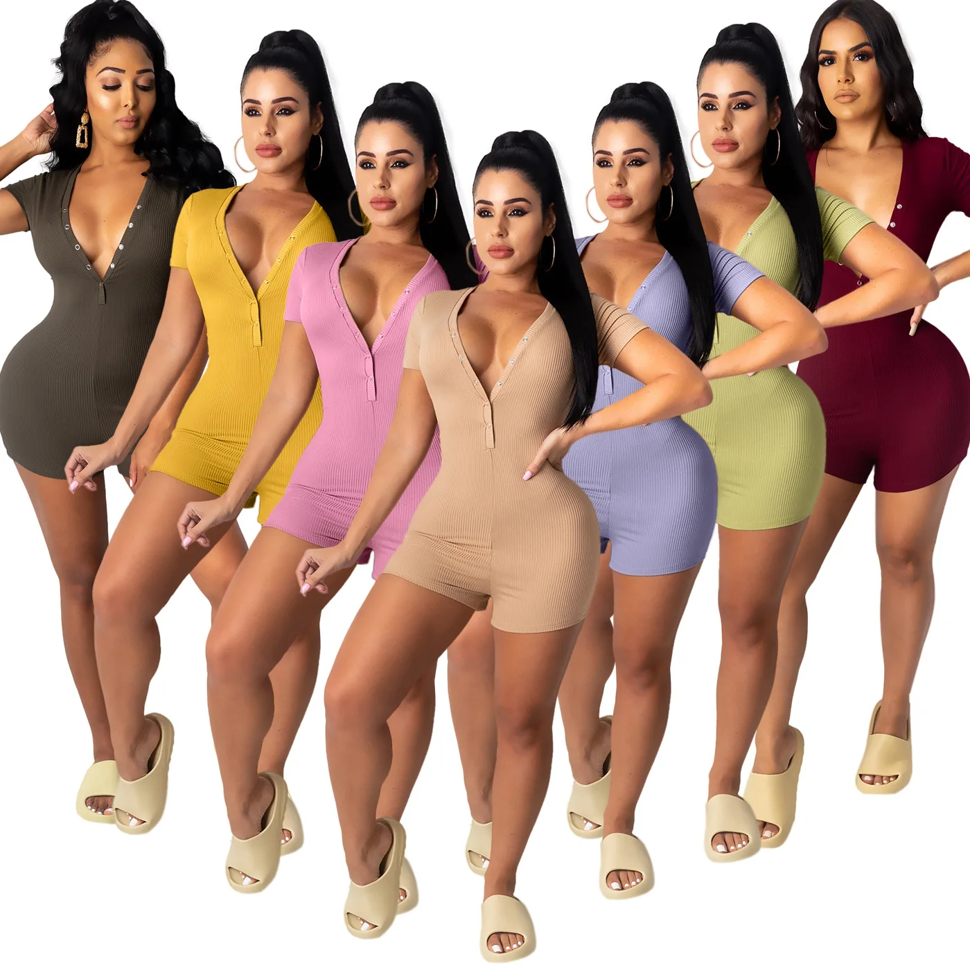 

Fashion 2021 Solid Color Rib Fabric knitted romper Buttons Shorts Women One Piece Bodycon Casual Jumpsuits