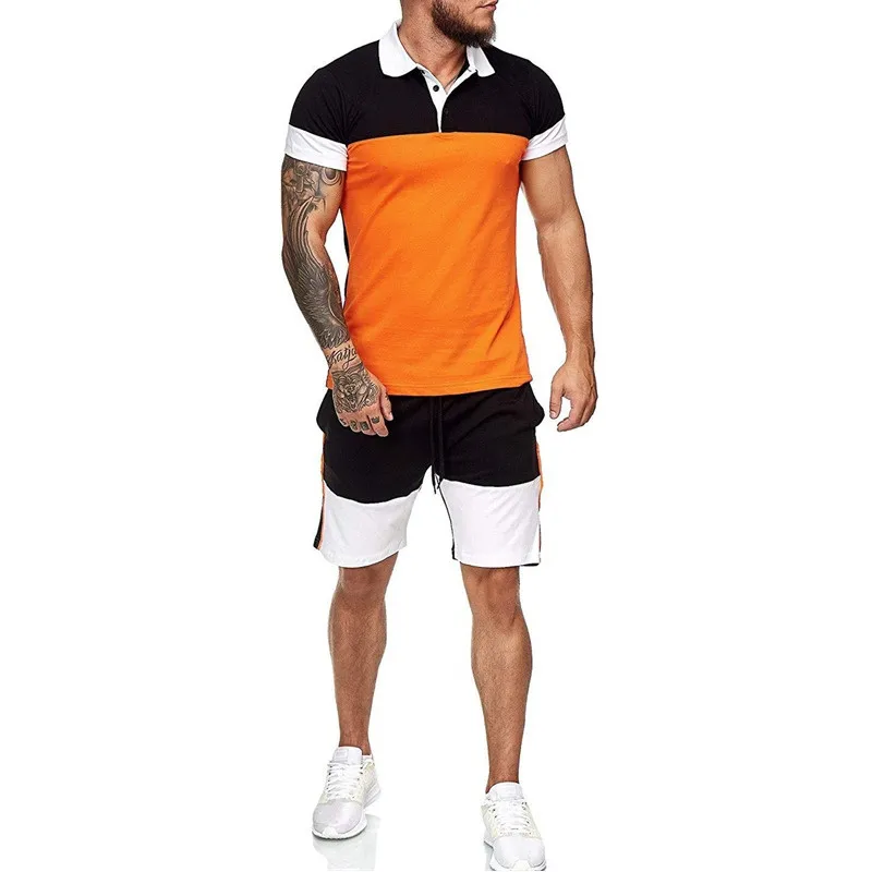 

Summer Sports Suit Men's Color Matching Polo T Shirt Men Shorts 2 Piece Sets Custom Running Wear Men