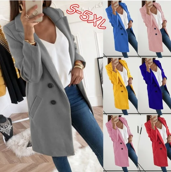 

Women Winter Fashion Retro Pure Color Lapel Neck Long Jackets Vintage Wool Coat Europe Plus Size S-5XL, Picture