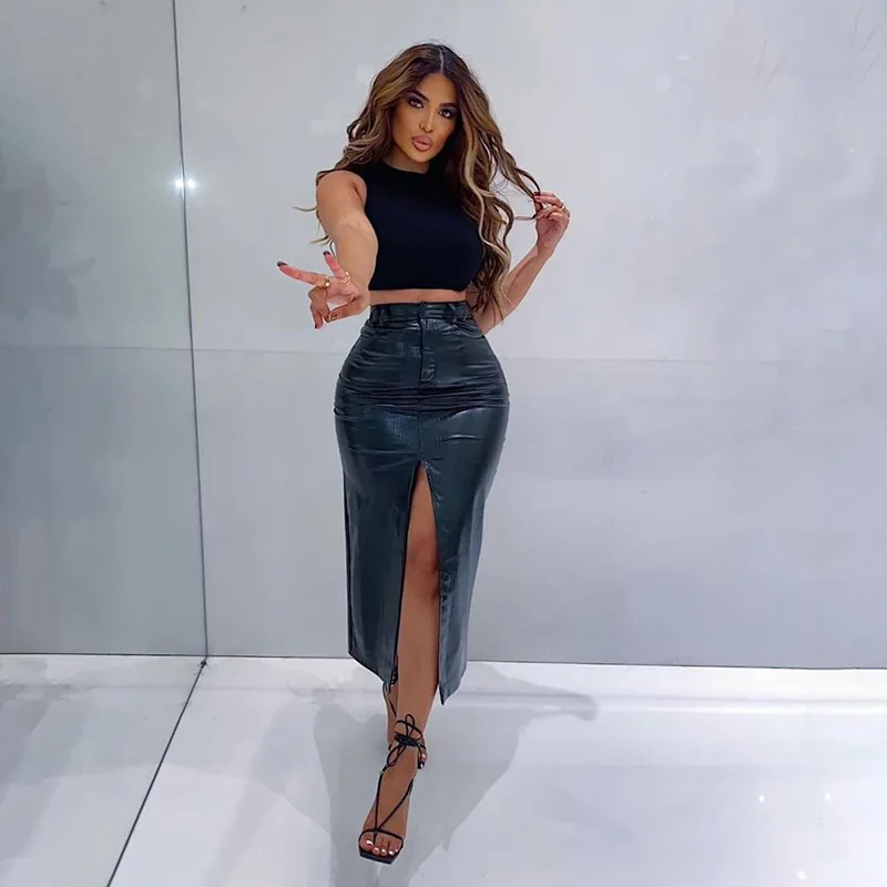 

2020 Summer Short Bodycon Maxi Office Skirt Pencil Faux Leather Women's High Waist Skirts, Black/brown