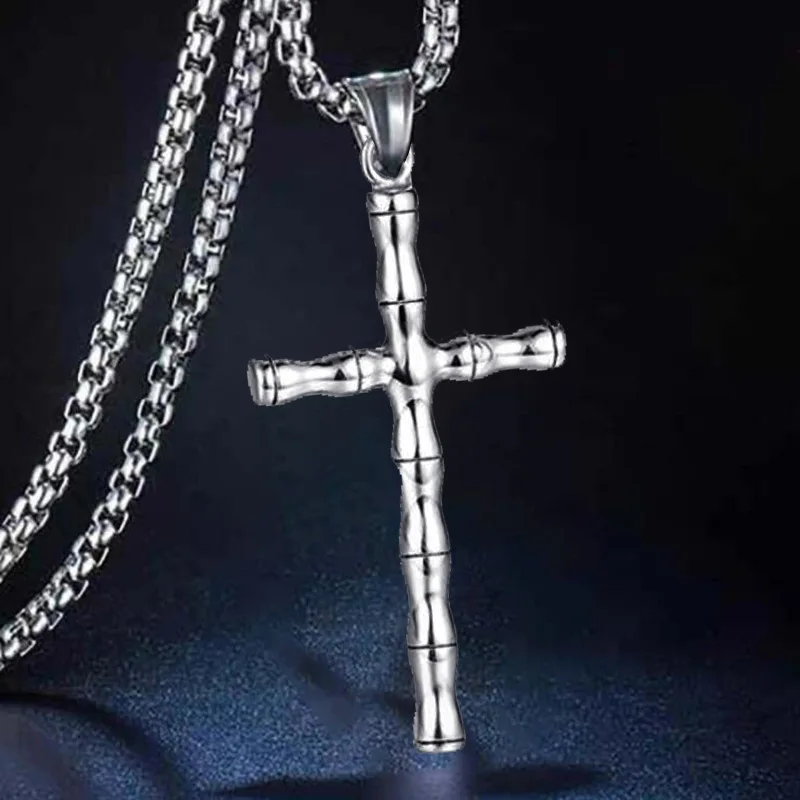 

Bamboo Cross Men's Necklace Fashionable Simple Stainless Steel Christian Pendant Jewelry