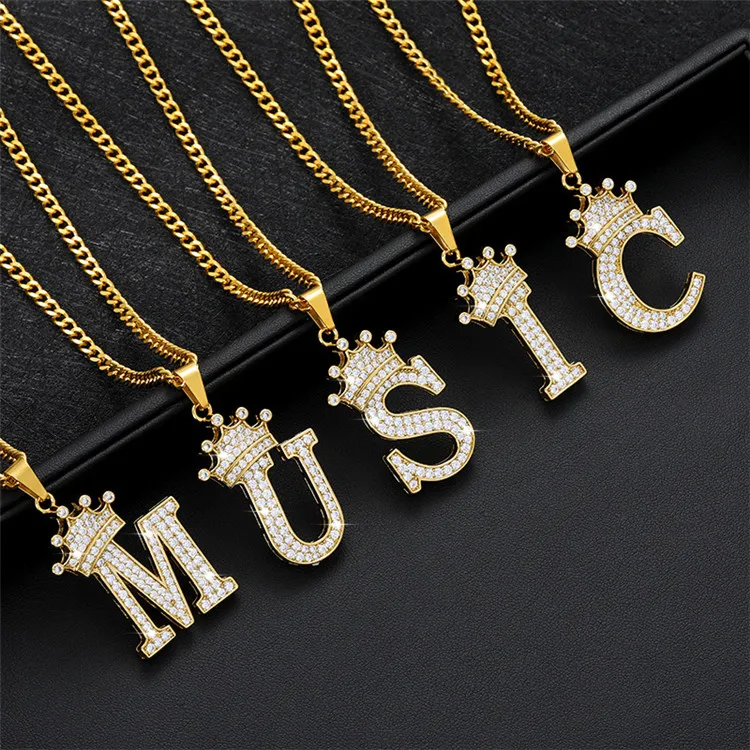 

Hip Hop Crystal Pendant Copper Zircon Initial Letter Crown Gold Cuban Chain Necklace Men's and Women's Jewelry, Gold silver
