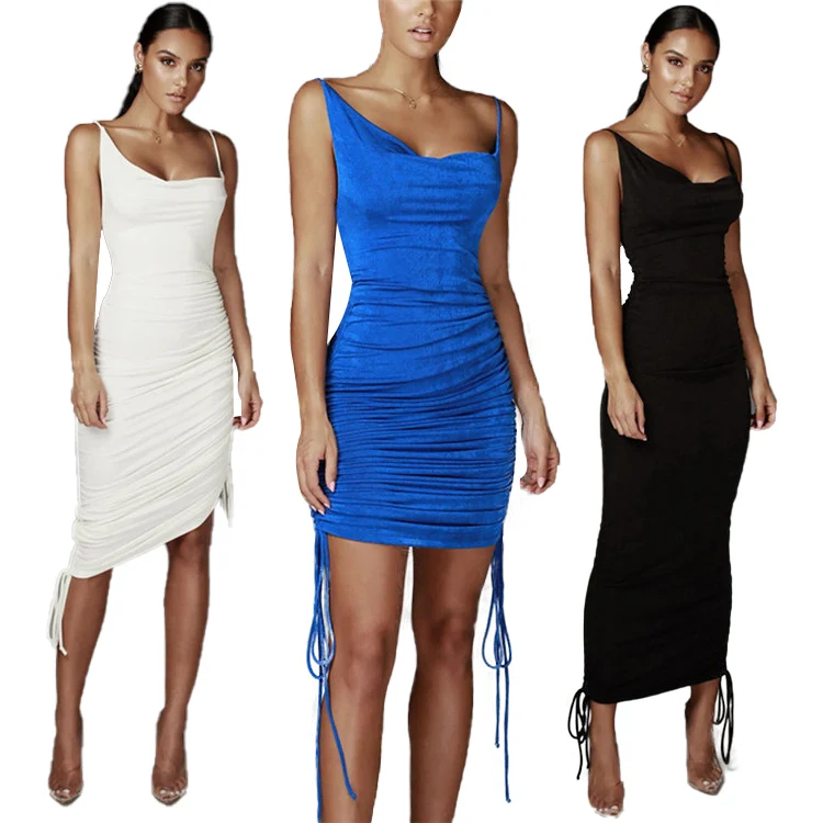 

Drawstring Mini Dress Asymmetric Strap Elastic Bodycon Dress Women Backless Sleeveless Party Dresses Length Adjustable, White/blue/black