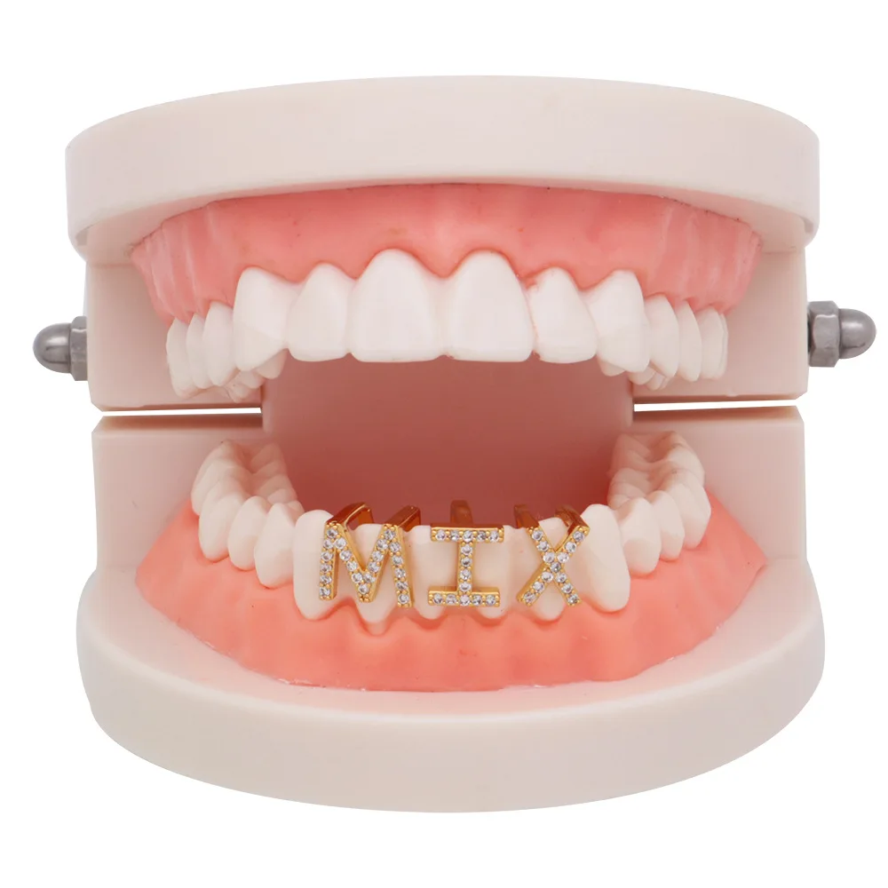 

Fully Iced Out Hiphop English Letter Grillz 3A CZ Initial Single Teeth Grill Canine Vampire Fangs for Unisex, Picture