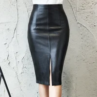 

Women PU Leather Midi Skirt Autumn Winter Ladies Package Hip Front or Back Slit Pencil Skirt Plus Size