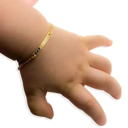 

Baby Name Bar id Bracelet 16k Gold Plated Dainty Hand Stamp Personalized Customized Bangle Children First Birthday Great Gift