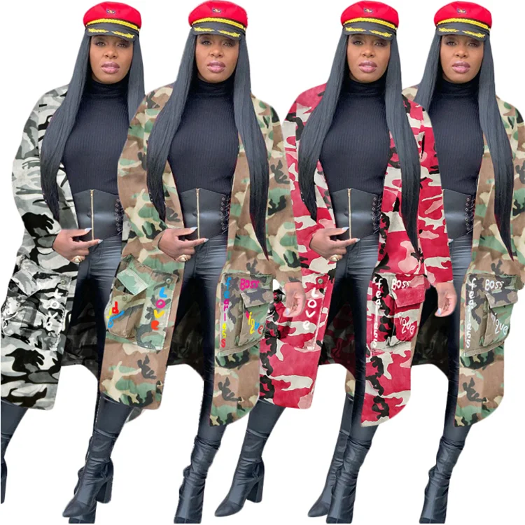 

High Quality Ladies Long Camouflage Coat Outerwear Cardigan Custom Motorcycle Trench Windbreaker Plus Size Fall Women Jacket, Customized color