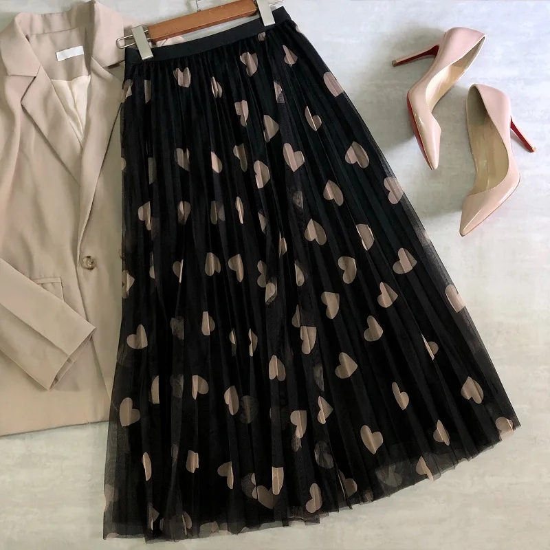 

women Early Spring Lady Print Skirt Fashion Pleated Mesh Skirt