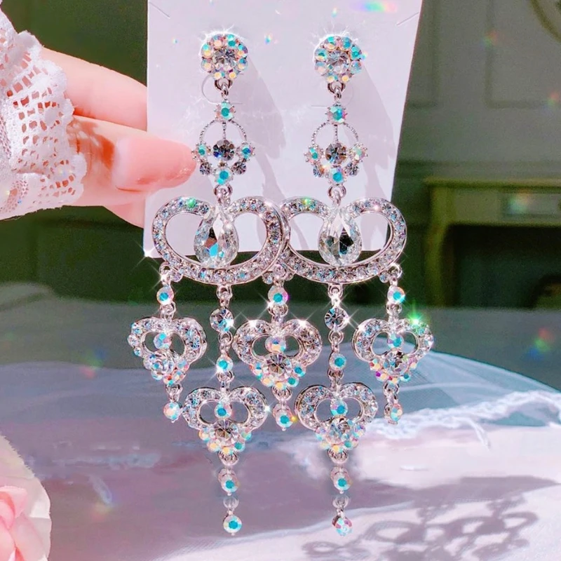 

Korean Palace Style Exaggerated Luxury Hollow Crystal Heart Long Tassel Drop Earrings For Women Girls Party Jewelry