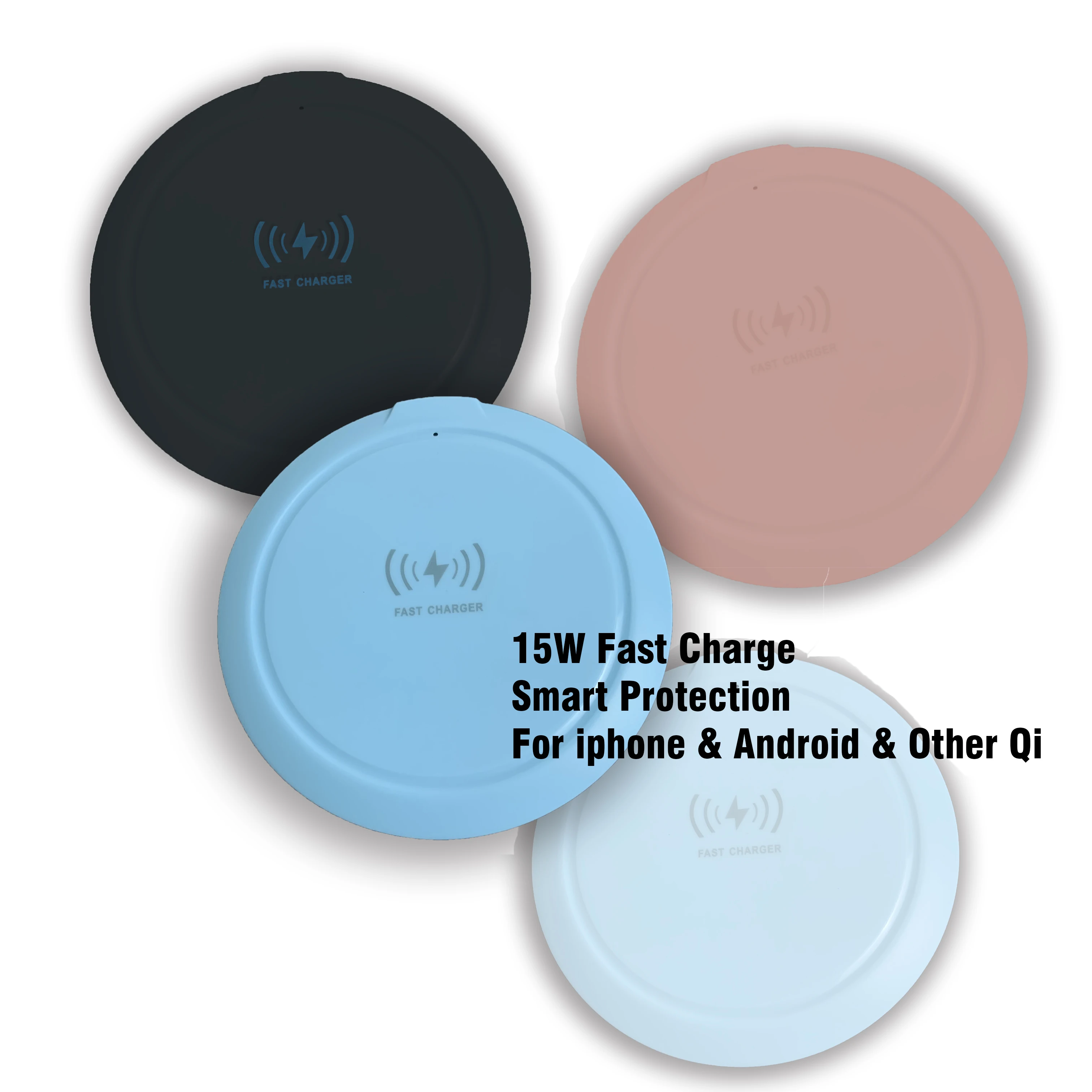 

Amazon Top Selling Products 2021 ODM 15W Qi Fast Wireless Charger Smart Protection Qi Wireless Pad For Iphone Android phone, Black,white,blue,pink