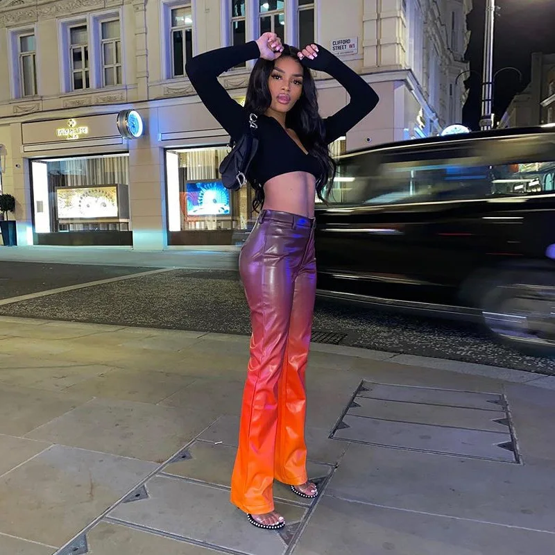 

BK146 Pu Leather Leggings For Women high waist slimming straight tube street style casual pants