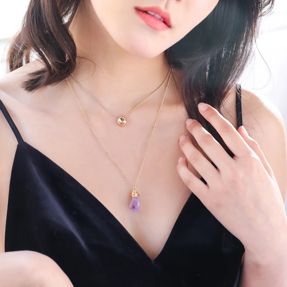 

Bohemian Choker Gemstone Crystal Necklace Pendant 18K Gold Plated Beaded Chain Layered Rose Quartz Stone Jewelry Necklace Women