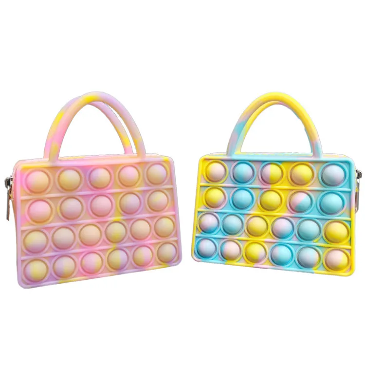 

Fashion Cute Zipper Children Rainbow Cain Purse Wholesale Bubble Silicone Kids Handbags Pop It Messenger Tote Bag, Pink,blue