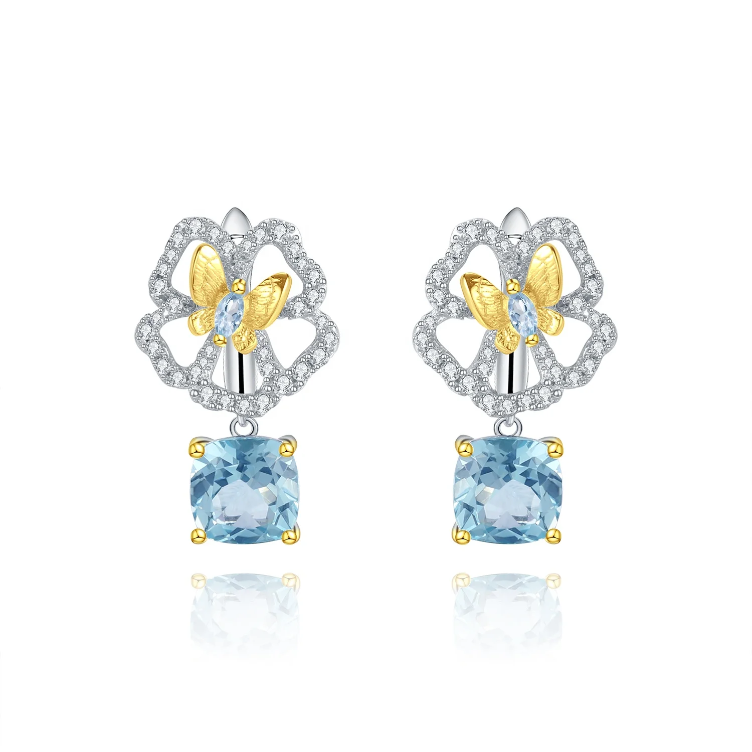 

Abiding Flower Earring Wholesale 925 Sterling Silver Natural Blue Topaz Stone Gold Plated Butterfly Earring Women Jewelry Bridal
