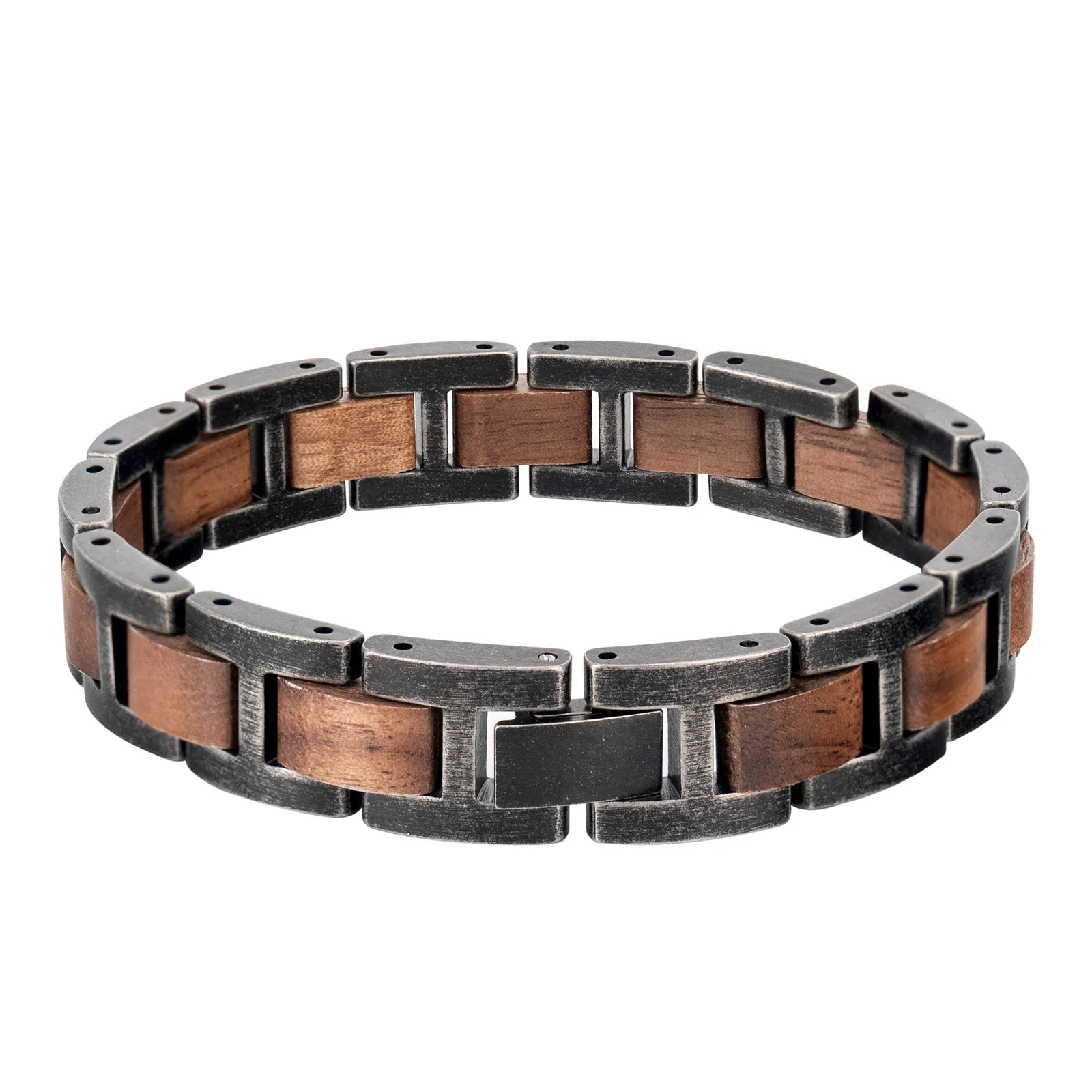 Christmas Gift Make Your Own Brand Logo 316L 12mm Antique Silver Stainless Steel and Walnut Bracelet for Men