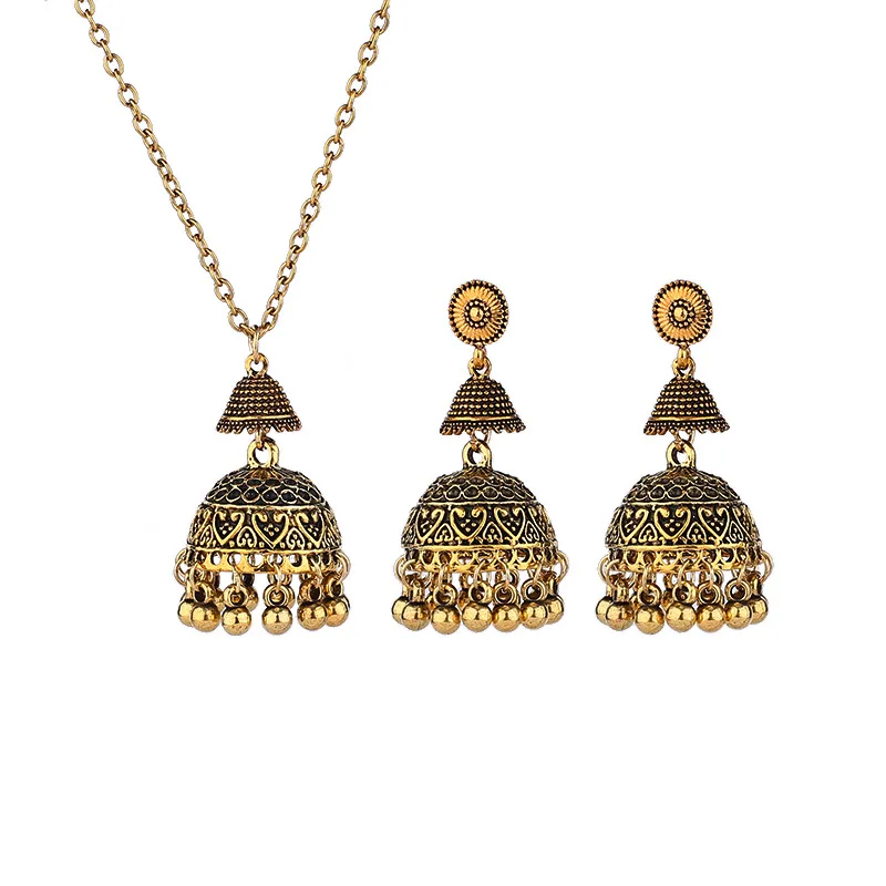 

Unique Vintage Gold Silver Plated Women Jewelry Set Traditional Indian Jhumka Bells Ladies Necklace And Earrings Set Custom