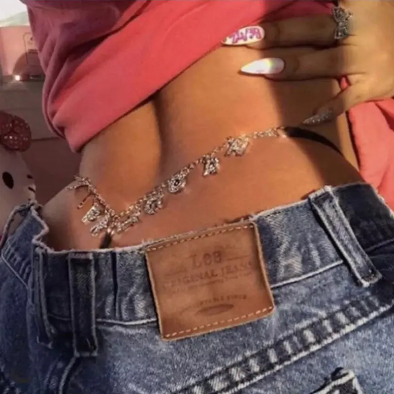 

Trendy Sexy Women Jewelry Body Chain Zodiac Charms Bikini Crystal Letter Waist Chains, Silver color