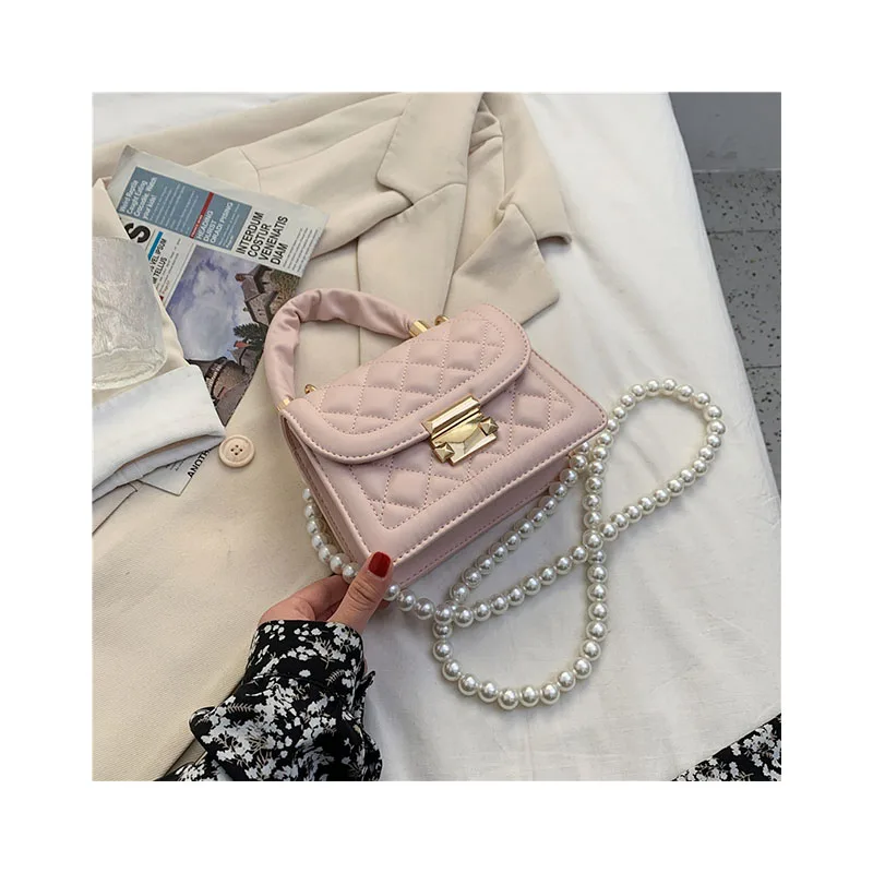 

New Diamond lattice Women Small Square Bag Luxury Beaded Messenger Bag Casual Lock Female Bag PU Leather Handbags And Purses