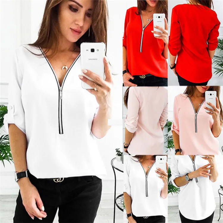 

2021 cheap price plus size women clothing summer woman tops long sleeve half zipper plain casual ladies' blouses