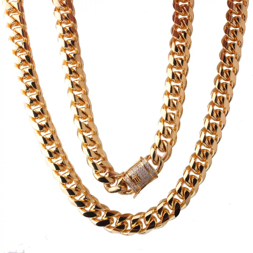 14k gold Men's stainless steel CZ Cuban link chain necklace wholesale jewelry