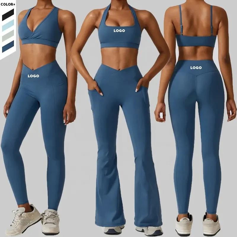 

Nudity Active Wear Gym Fitness Set Quick Drying V Waist Flared Yoga Pants Leggings 6 Pieces Workout Set for Women