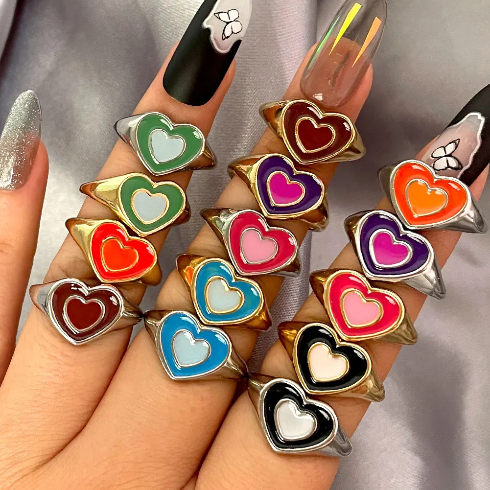 

Fashionable Vintage Colorful Love Heart Finger Jewelry Gold Silver Color Metal Thin Enamel Rings Women For Couple Friend Gifts, Gold color